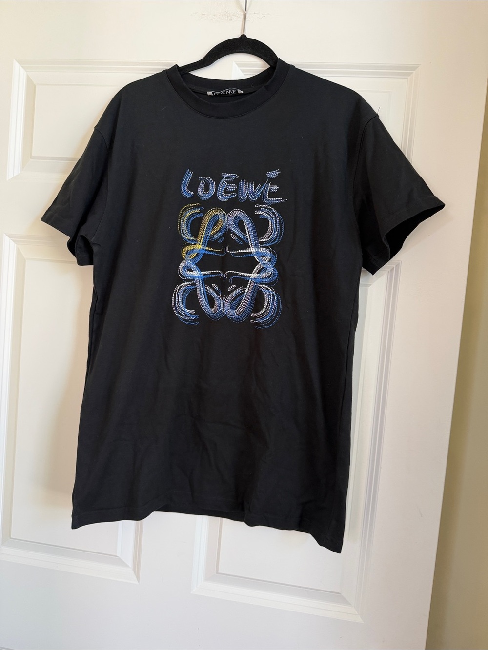 Loewe Black T-Shirt with Blue and Yellow Embroidered Logo